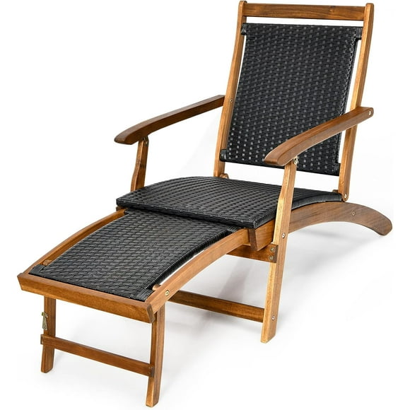 Gymax Folding Patio Acacia Wood Deck Chair Rattan Chaise Lounge Chair w/ Footrest