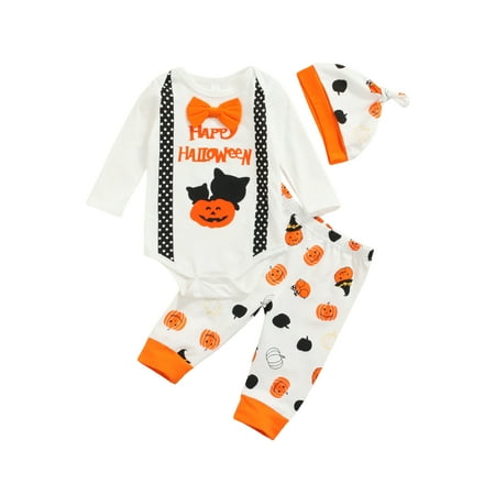 

3Pcs Infant Baby Halloween Outfits Letter Long Sleeve O-neck Romper Pumpkin Print Trousers and Cap