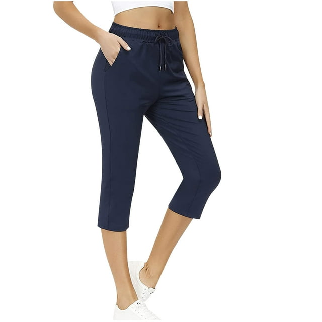 Besolor Womens Workout Capri Pants High Waist Drawstring Straight Leg Athletic Exercise Capris Trouser with Pockets