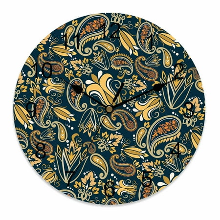 Silent Wall Clocks Battery Operated, Abstract Vintage Paisley Round Decorative Wall Clock for Living Room Bedroom Kitchen Bathroom Classroom Decor, 14 Inch Boho Floral Texture Olive Green