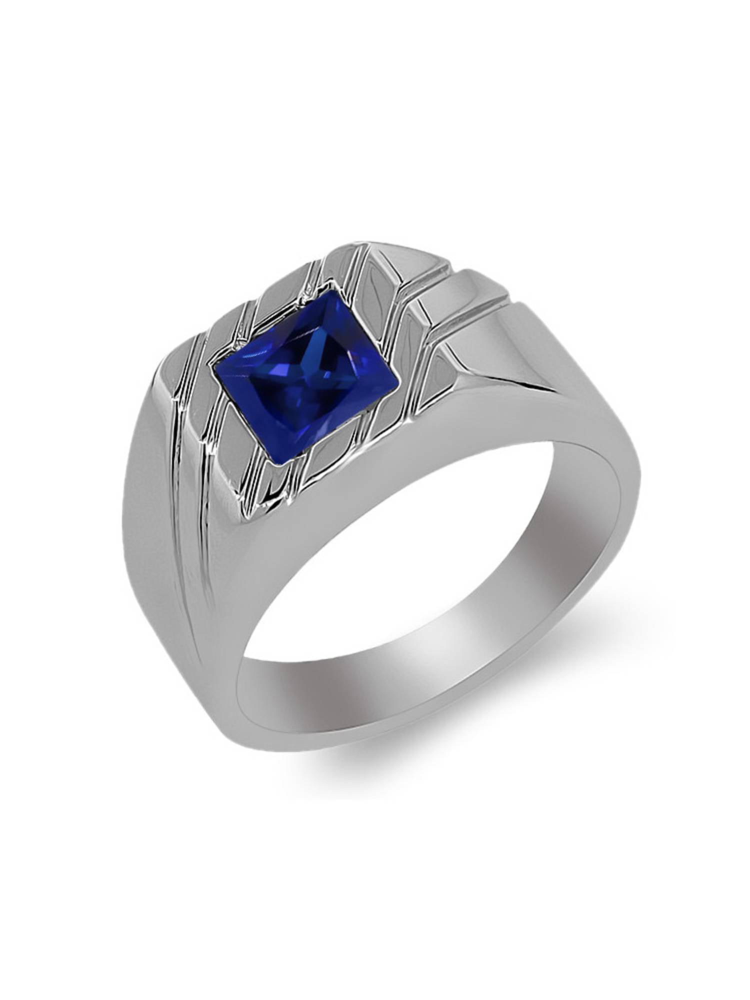 Gem Stone King 2.53 Ct Round Blue Simulated Sapphire White Diamond 925 Silver Mens Ring