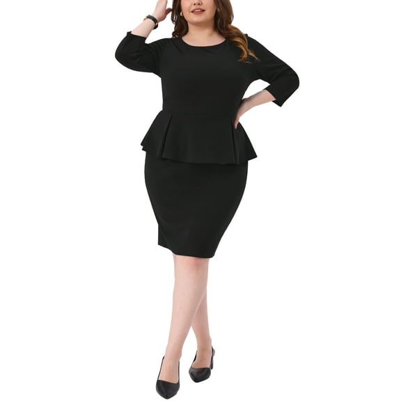 Agnes Orinda Women's Plus Size Peplum Pencil Dress Crew Neck 3/4 Sleeve Flared Sheath Office Business Dresses 1X Black