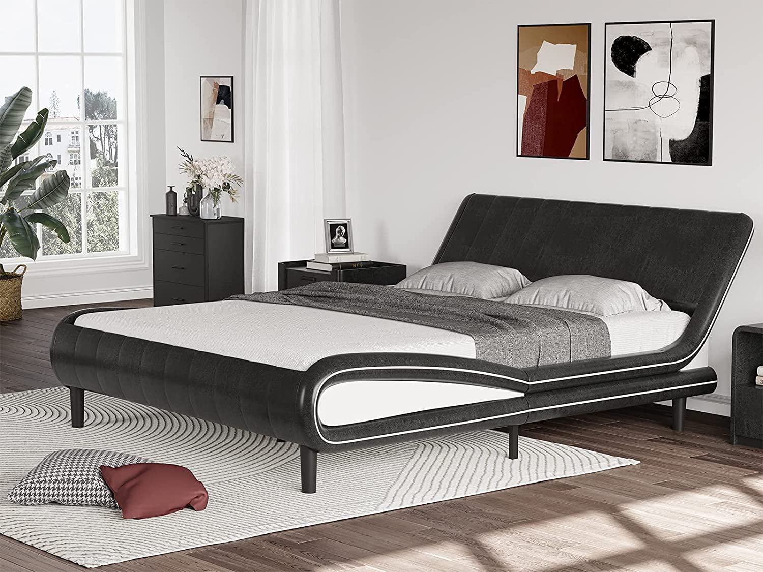 Details about   Platform Frame Slats Bed Queen Size Modern Bed Faux Upholstered Headboard Black 