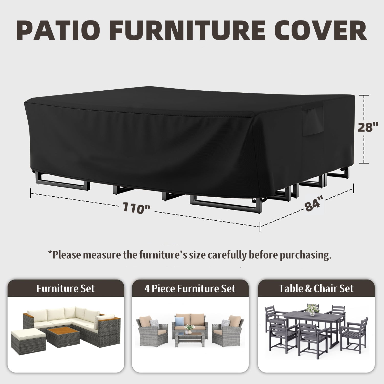 2-in-1 Patio Furniture Cover - Multi-Use Waterproof Outdoor Table & Sofa Protector, Heavy Duty UV Resistant Patio Table Cover,110" L x 84" W x 28"H,Black