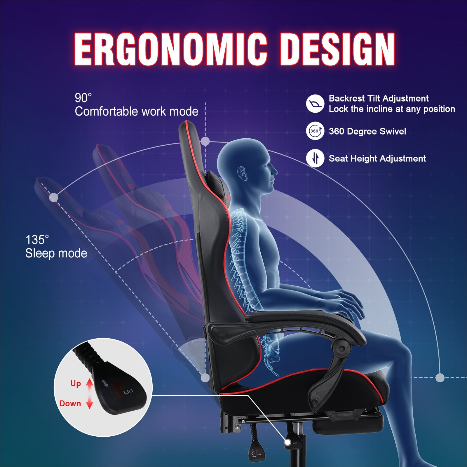 EXRACING Gaming Chair Ergonomic Computer Chair with Footrest and Lumbar Support, Height Adjustable High Back Leather Office Chair, 360° Swivel with Linked Armrest, for Adult and Teen (Red)