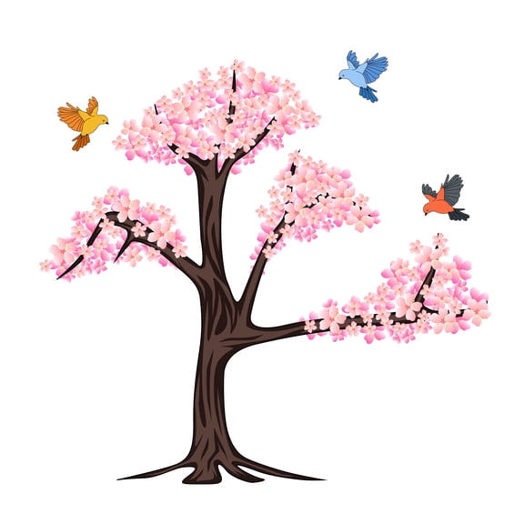 Peel and Stick Cherry Blossom Wall Decal With Flying Birds around-DIY Vinyl made Stickers for Home Decoration-Easy to peel and Stick-Size: 10" x 10".