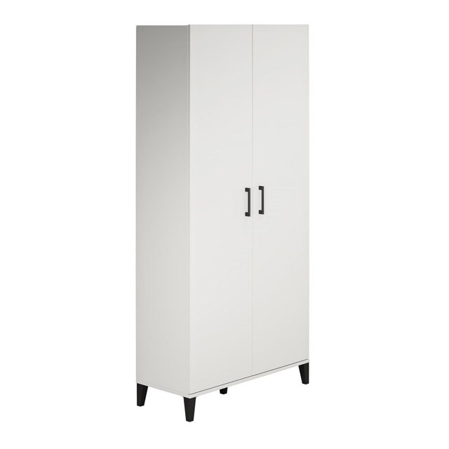 White Systembuild Evolution Flex tall storage cabinet with two doors, black handles, and raised legs for versatile home organization.
