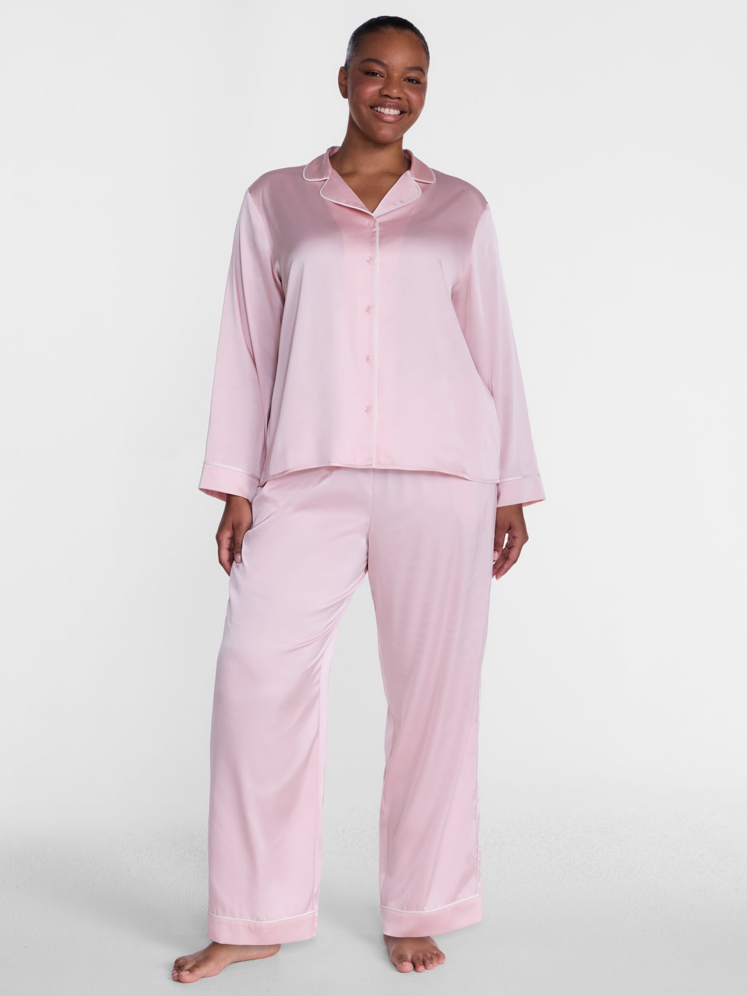 Joyspun Women’s Stretch Satin Sleep Top and Pants, 2-Piece Set, Sizes XS to 3X