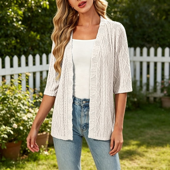 Plus Size Womens Crochet Cardigan Short Sleeve,Cropped Open Front Summer Sweater Lightweight Shrug,Boho Knit Cover Up with Wavy Cuffs for Casual Daily Wear Beige XXL