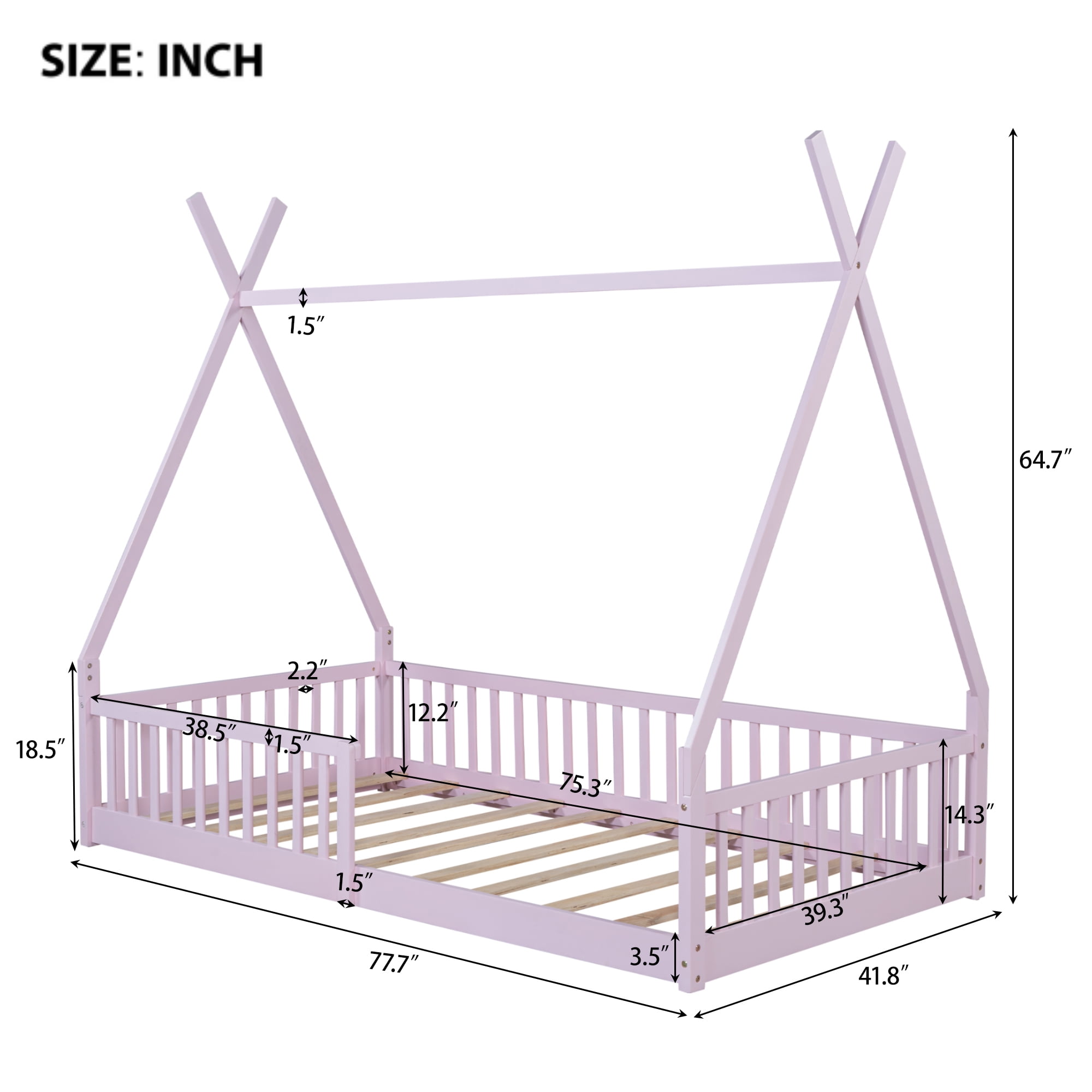Euroco Twin Size House Platform Bed, Floor Bed with Guardrails for Kids Teens Room, Pink
