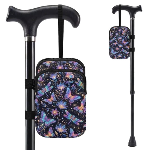 COEQINE Forearm Crutch Zipper Pouch for Elderly Neon Dragonfly Butterfly Mobility Aid Bag, Walking Cane Accesories, Hands-Free, Organize Daily Essentials, for Men Women