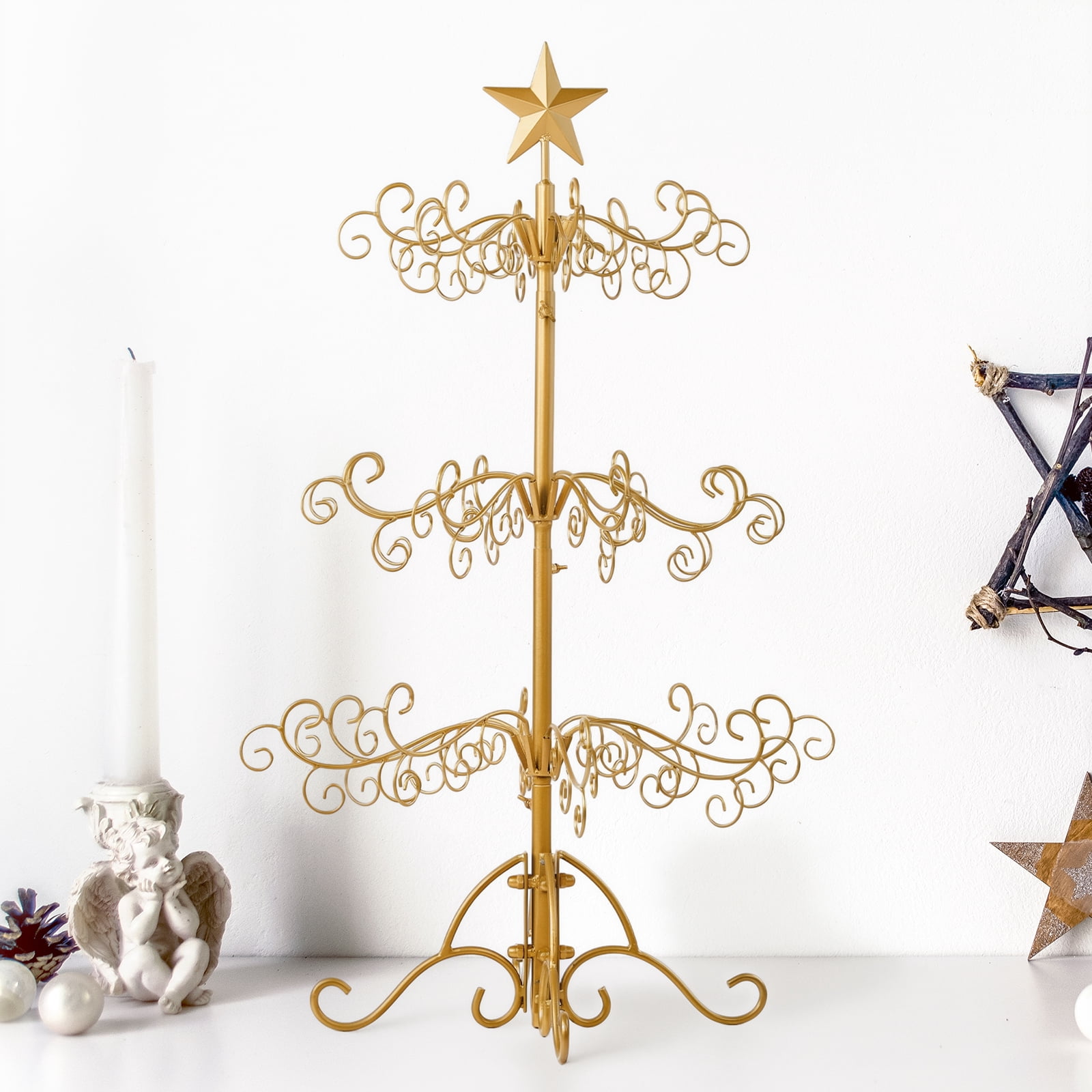 Astoutdoor 3 ft Wrought Iron Christmas Tree, Gold Metal Ornament Display Stand for Holiday Party Home Decor, Indoor and Outdoor Hanger