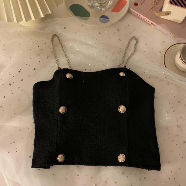 Chaleco corto con tirantes y cadena elegante, sin tirantes, con botones, estilo de celebridades, en blanco y negro, estilo francés retro, para mujer