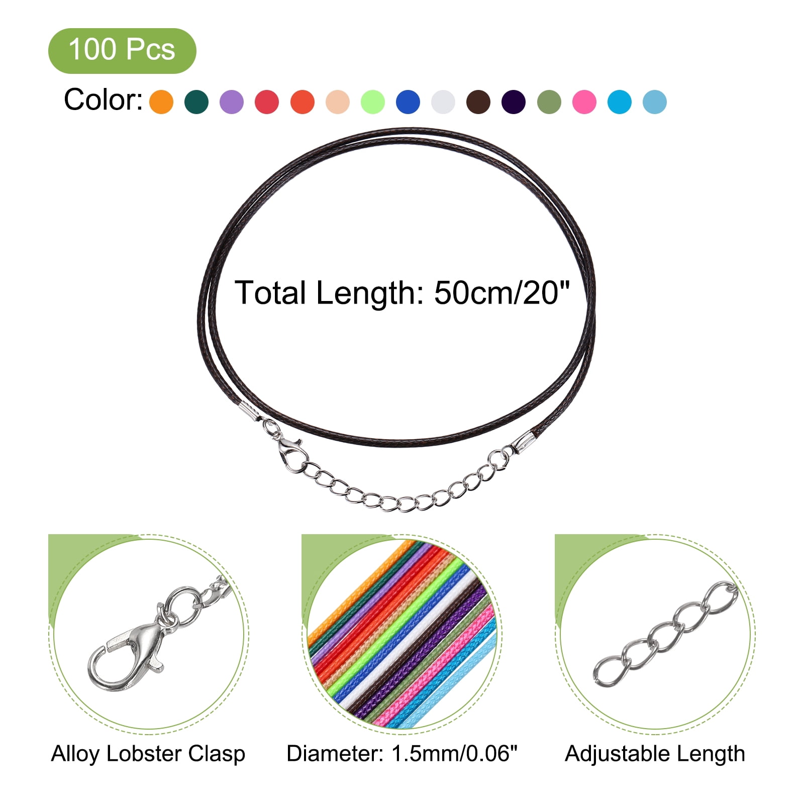Uxcell 100pcs 18 Inch Waxed Necklace Cord, Bulk Necklace String with Clasp 1.5mm Waxed Leather Cord Rope for Jewelry Making,Mixed Colors