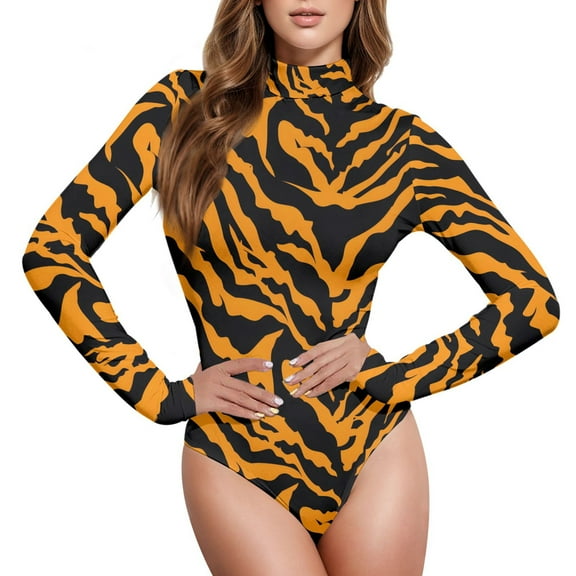 joogoo Tiger Print Background Women's Mock Turtle Neck Long Sleeve Bodysuit L