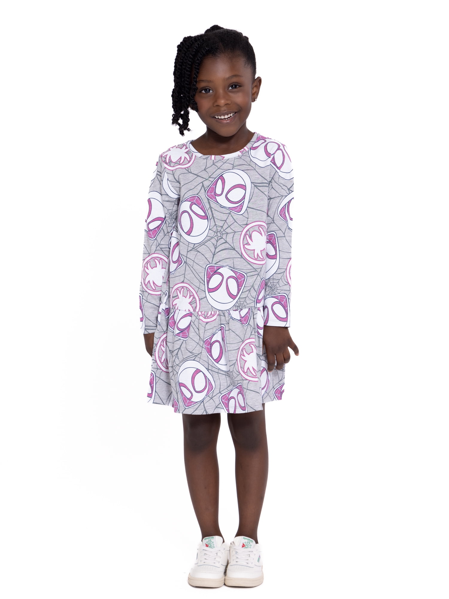Marvel Ghost Spider Toddler Girl Long Sleeve Drop Waist All Over Print Dress, Sizes 12M-5T