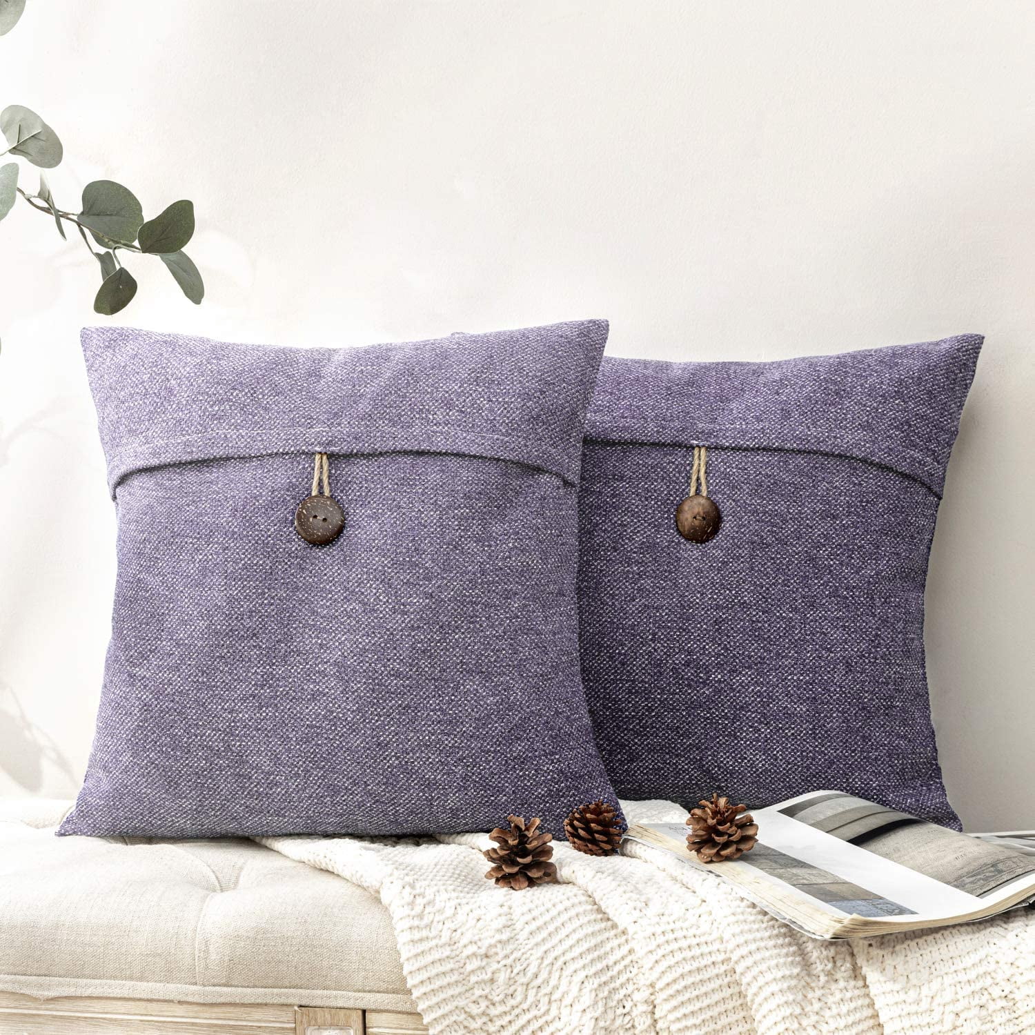 Phantoscope Single Button Cotton Blend Decorative Throw Pillows with Inserts, Pink Purple, 22 x 22 in, 2 Pack