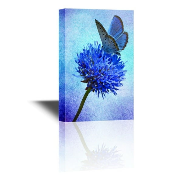 wall26 - Canvas Wall Art - Butterfly on Blue Flower Petal on Vintage Background - Gallery Wrap Modern Home Art | Ready to Hang - 16x24 inches