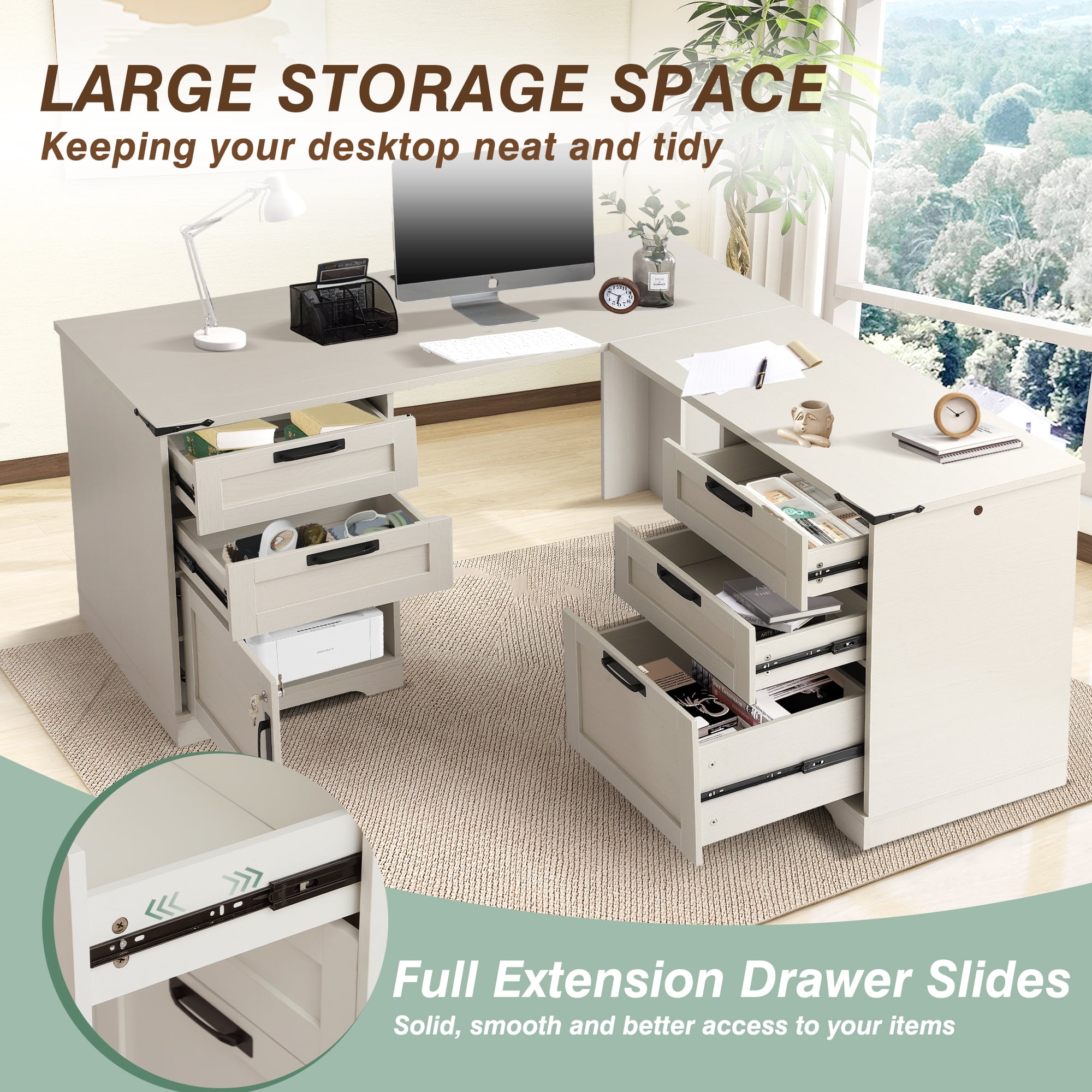 Haverchair 60" Executive L Shaped Desk with Drawers, Farmhouse Home Office Desk with Charging Station, Wood Corner Computer Desk with File Cabinet, Writing Computer Desk for Work and Study