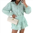 thumbnail image 2 of Conjunto de 2 Piezas de Blusa de Encaje para Mujer, Camisetas, Tops, Pantalones Cortos Ajustados, Ropa Deportiva para Fiesta y Club. Verde L, 2 of 8