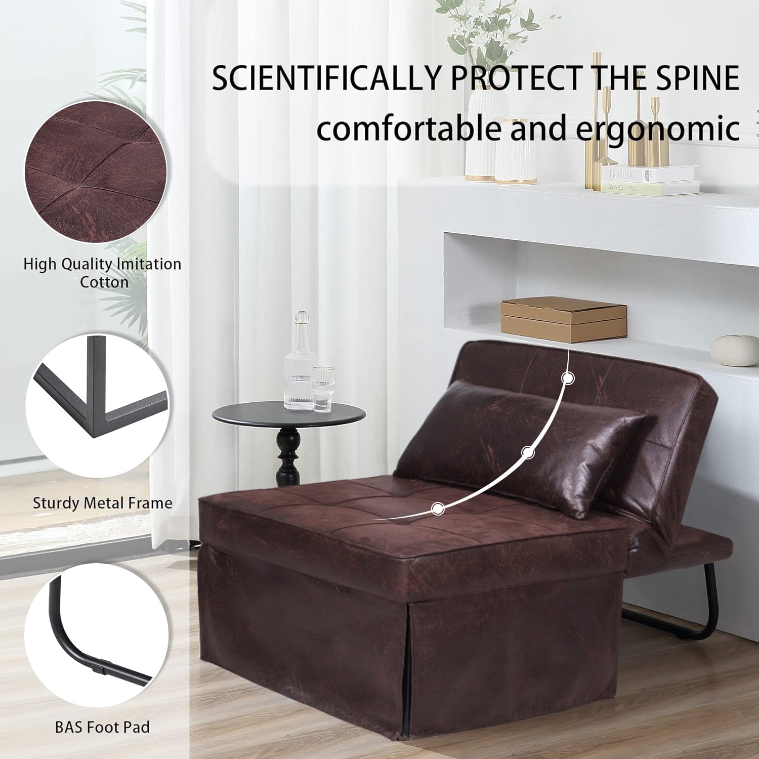 BIGSYY 4-in-1 Multi-Function Folding Ottoman Velvet Couch Bed - Adjustable Backrest for All Ages, Ideal for Living Room, Apartment & Office, PU Imitation, Brown