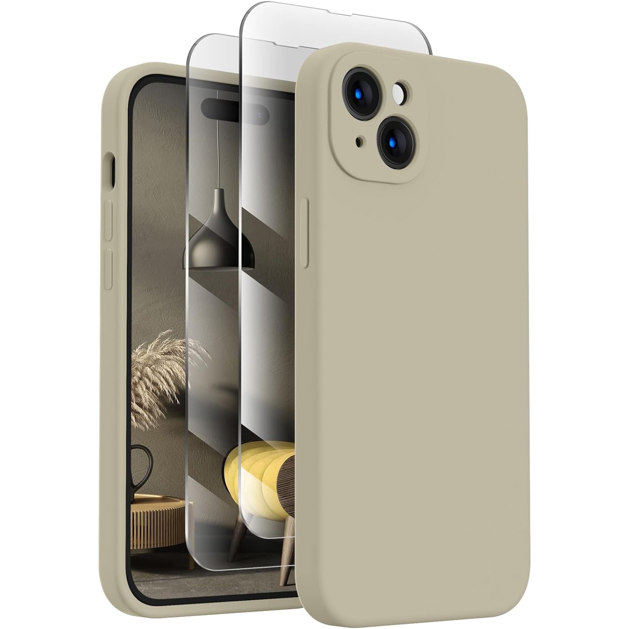 for iPhone 15 Case, Silicone Upgraded [Camera Protection] Phone Case with [2 Screen Protectors], Soft Anti-Scratch Microfiber Lining Inside, 6.1 inch, Khaki