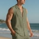 thumbnail image 4 of Camiseta sin mangas con cuello vuelto para hombre, de lino, de color liso, informal, sin mangas, con botones y bolsillos, de poliéster, para verano, 4 of 9