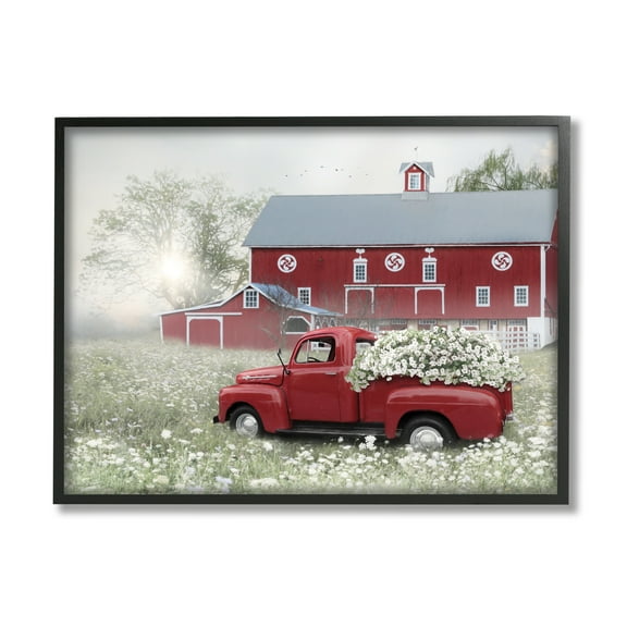 Stupell Red Truck Floral Country Meadow Transportation Painting Black Framed Art Print Wall Art