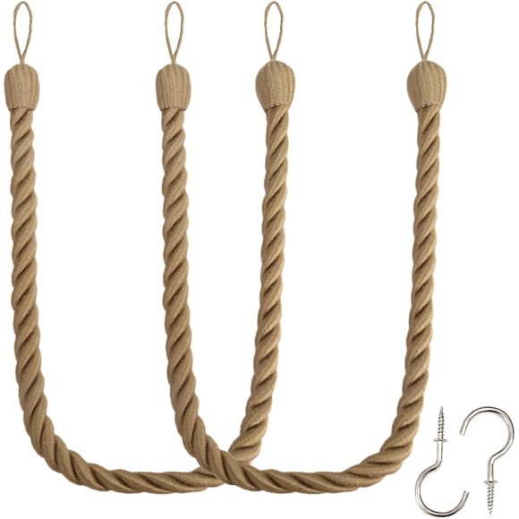 Fenghuangwu Curtain Tiebacks Ropes Tie-Backs, Handmade Curtain Holdbacks Made from Rayon Cotton with 2 Metal Screw Hooks - Flaxen 2 Pack