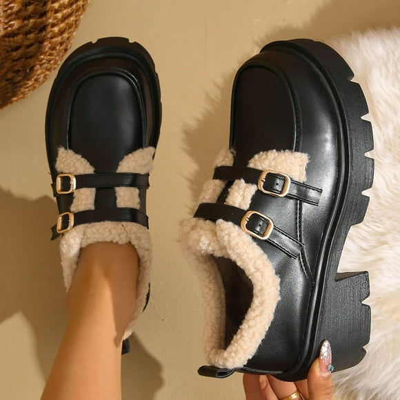 AUNVITO Women's Winter Warm Fleece-Lined Loafers Slip-On Gold Buckle Casual Shoes Chunky Heel Solid Color Mid-Heel Brown Black White