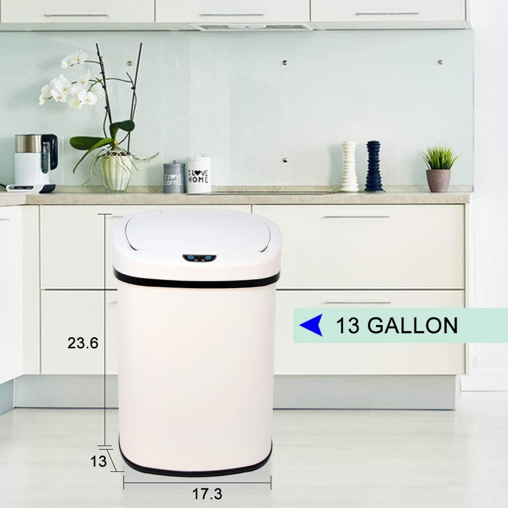 Automatic Garbage Can Touch Free Stainless Steel Trash Can No Touch Kitchen Waste Bin High-Capacity Bathroom Trash Can with Lid for Home Bedroom Office, White