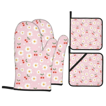 

Oven Mitts and Pot Holders 4 pcs Set Cute Berry Daisy Heat Resistant Silicone Oven Mitts Pot Holders for Kitchen Baking Cooking Non-Slip Oven Gloves Hot Pads Potholders