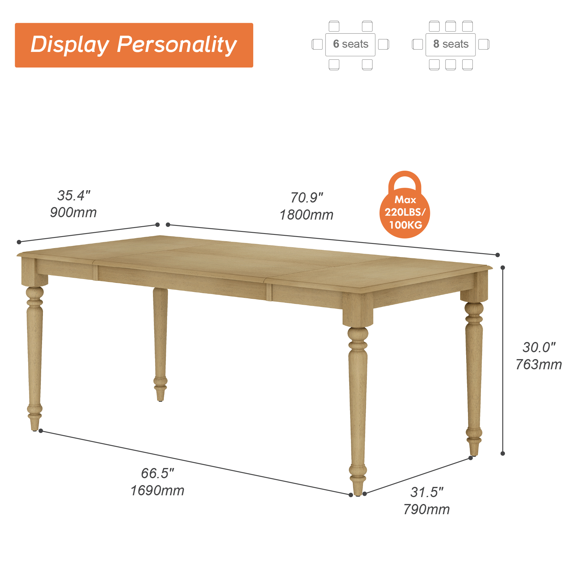 Dining Table for 6–8, Rectangular Table with Solid Wood Legs for Kitchen & Dining Room, 70 Inch, Oak