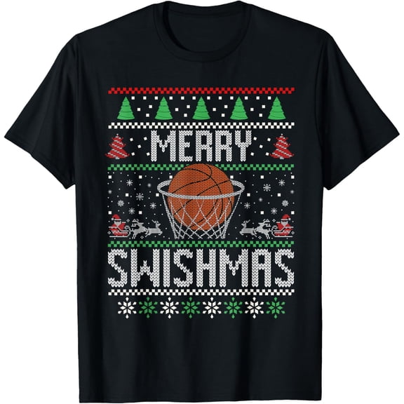 Christmas Merry Swishmas Ugly Christmas Sweater Basketball T-Shirt- American fashion hot selling casual retro high quality 100% cotton T-shirt 1 piece