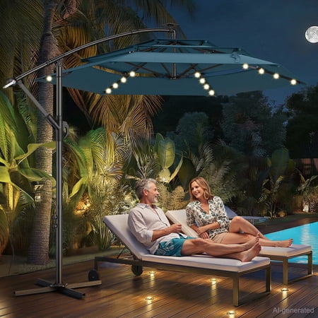 TASKBAY 10ft 3-Tiered Cantilever Patio Umbrella Solar LED Lighted, Hanging Offset Market Outdoor Sun Shade for Beach, Backyard, Deck, Poolside, Blue