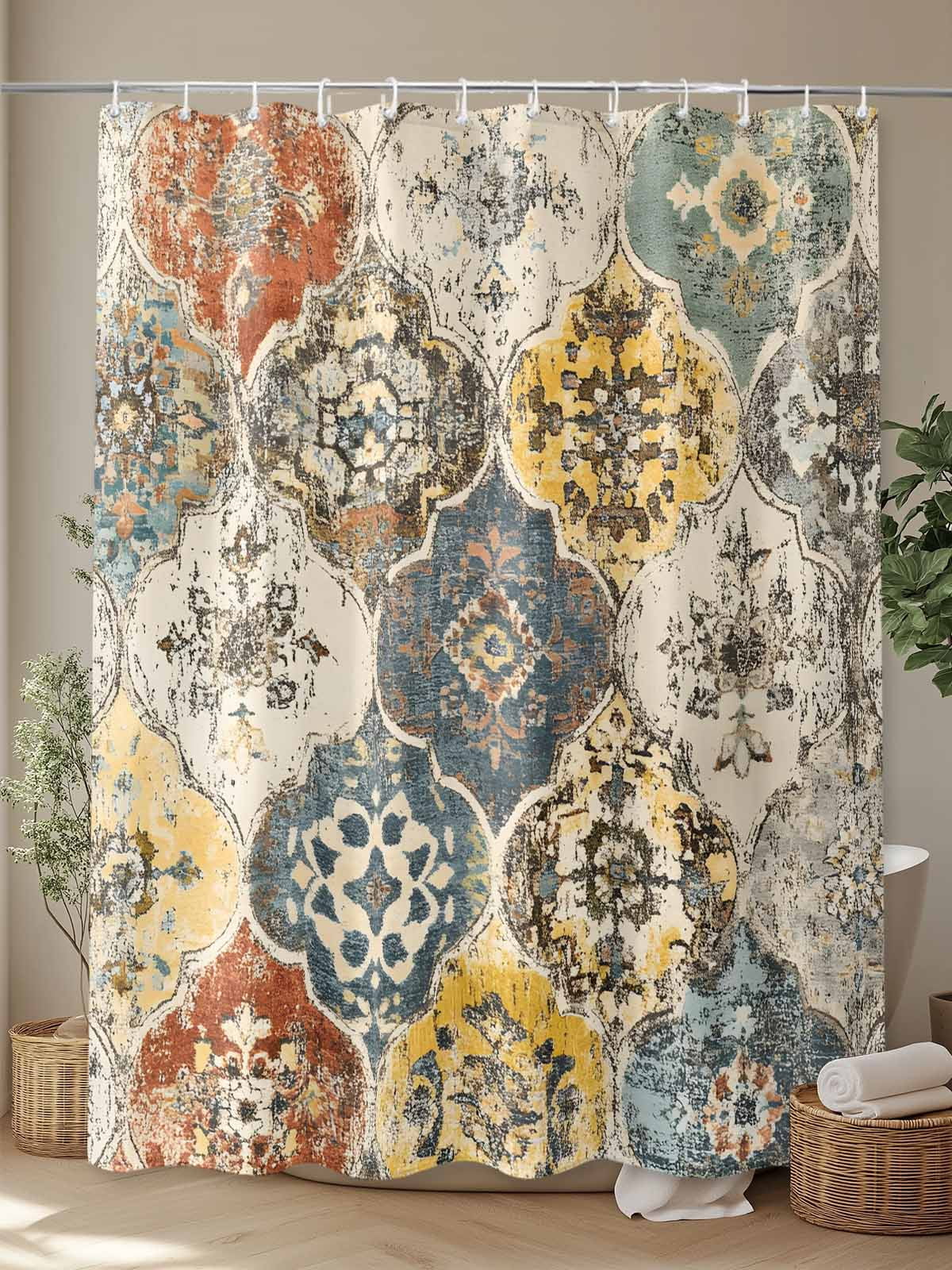 Vintage Boho Morocco Shower Curtain, Floral Lattice Pattern Bathroom Decor Curtains Set with Hooks, Yellow Cream Waterproof Fabric Home Accessories， 72 X 72 Inch Long