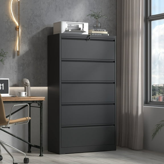 5 Drawer Metal Lateral Cabinet , Black Filing Cabinet with Lock, Lockable Cabinet for Home Office, Locking Metal Cabinet for Legal/Letter/A4/F4 Size