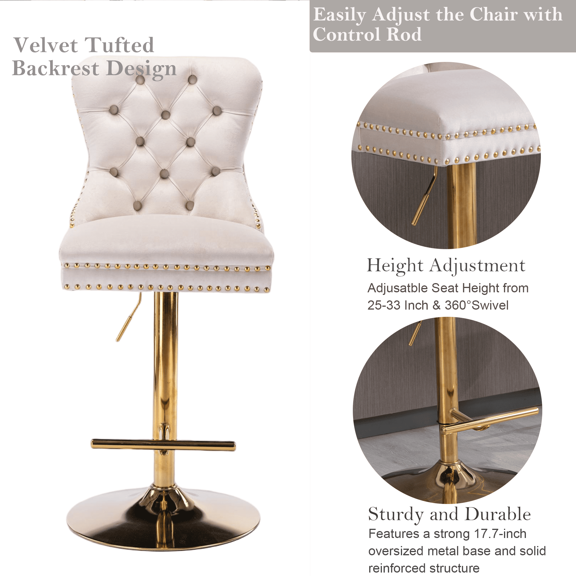 4-Piece Velvet Swivel Bar Stools, Adjustable Counter Height Dining Bar Chairs with Tufted Backrest and Nailhead Trim for Kitchen Island （Beige with Gold Leg）