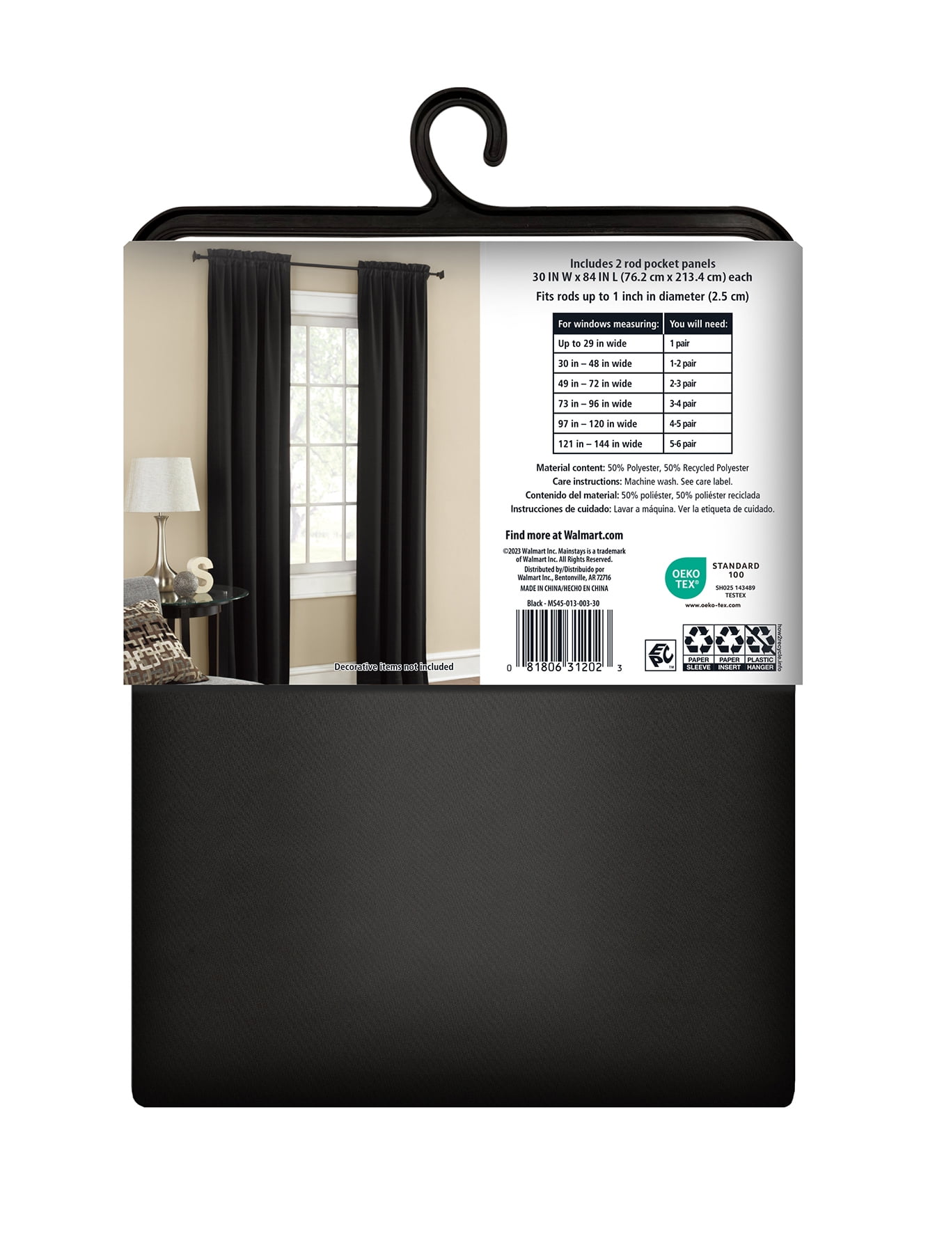 (2 pack) Mainstays Blackout Curtain Panel Pair, Set of 2, Black, 30"W x 84"L