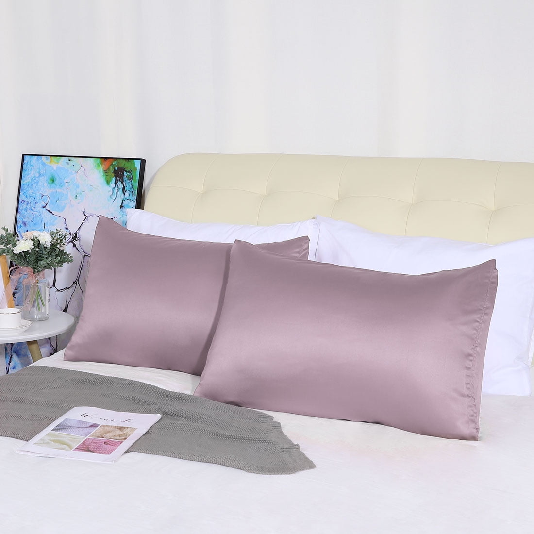 Unique Bargains Silky Satin Pillow Cases Covers Set of 2 Mauve King