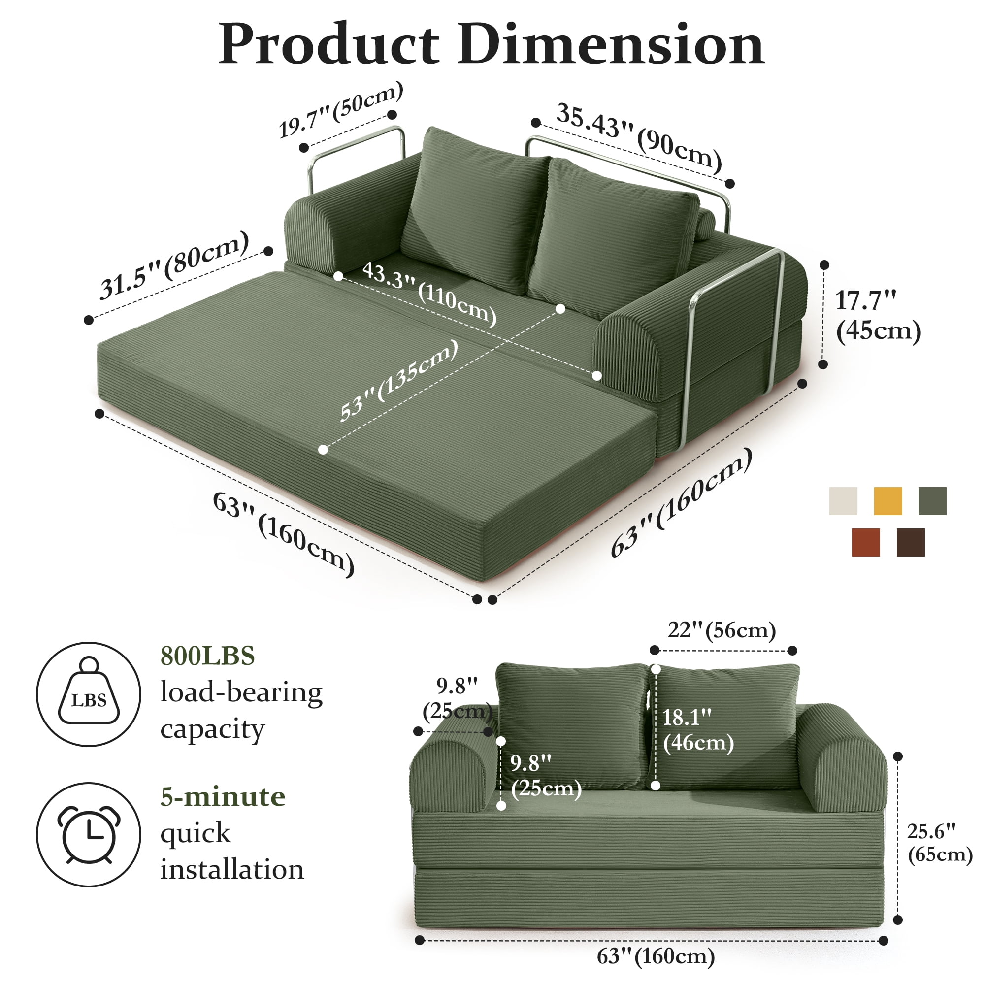 COOLHUT 63" W Convertible Sofa Bed, Foam Floor Sofa, Folding Sleeper Sofa Couch Bed with Six Frame, High Rebound Density Sofa, Corduroy Sofa Couch Bed for Living Room, Bedroom, Oliver Green
