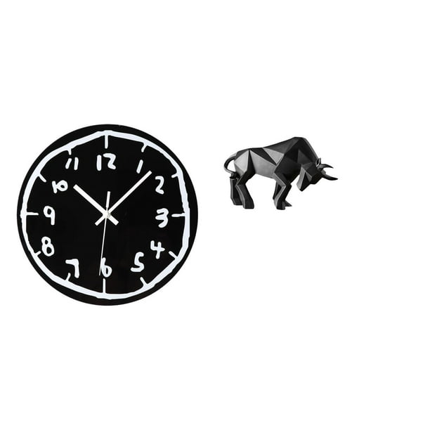 Reloj de pared,Reloj de pared silencioso y decorativo que no hace tictac,Reloj moderno de 12 pulgadas para pared de casa o oficina,sencillo.,Estatua del toro,Estatua de