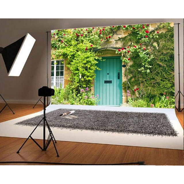 ABPHQTO Fondo de la casa 150x220cm Fondo de fotografía Flores Plantas verdes Enredaderas Pared de ladrillo Ventana Puerta de madera Fotos Accesorios de estudio de video