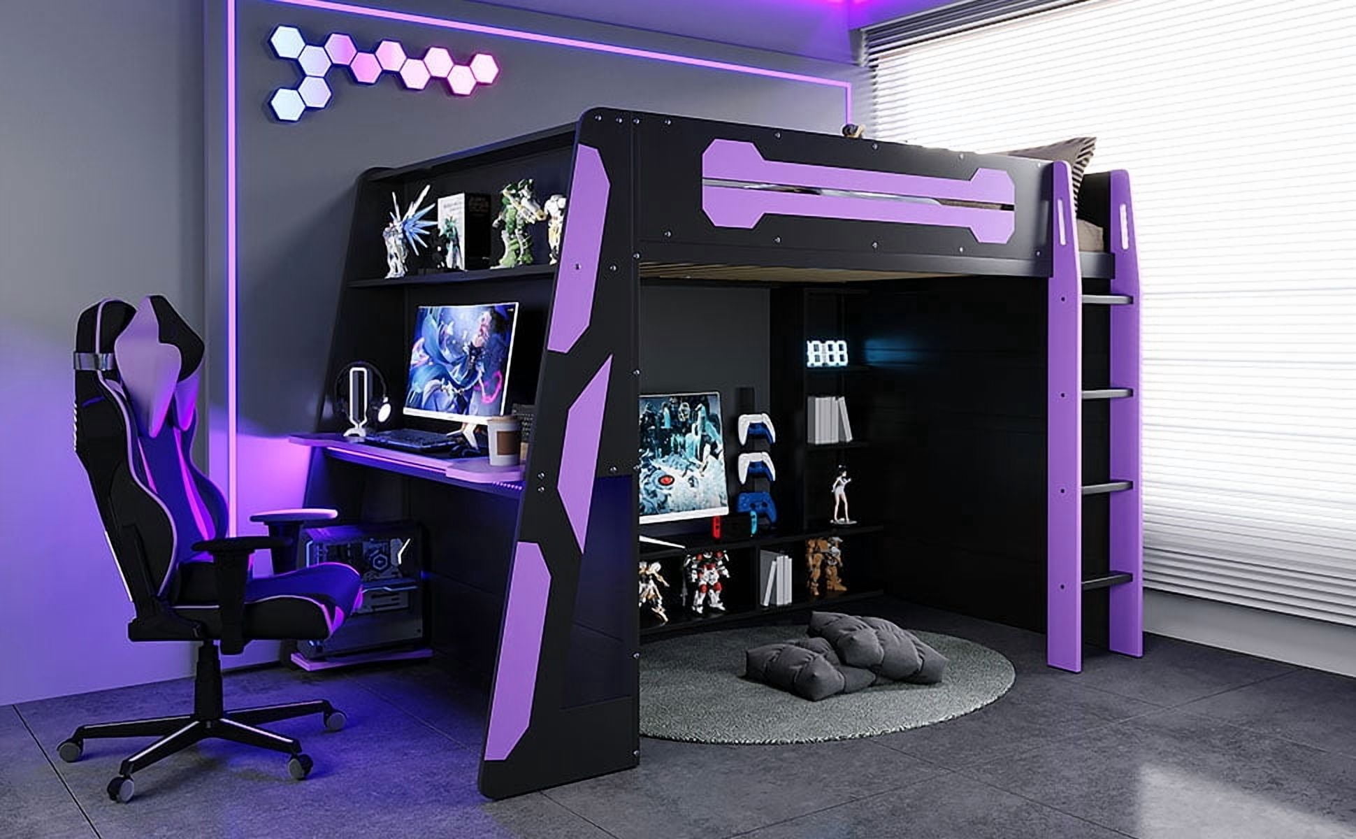 Mintazer Full Gaming Loft Bed with Desk & GB LED Light, Multifunctional Loft Bed with Multi-Tier Storage Shelves, Black & Purple