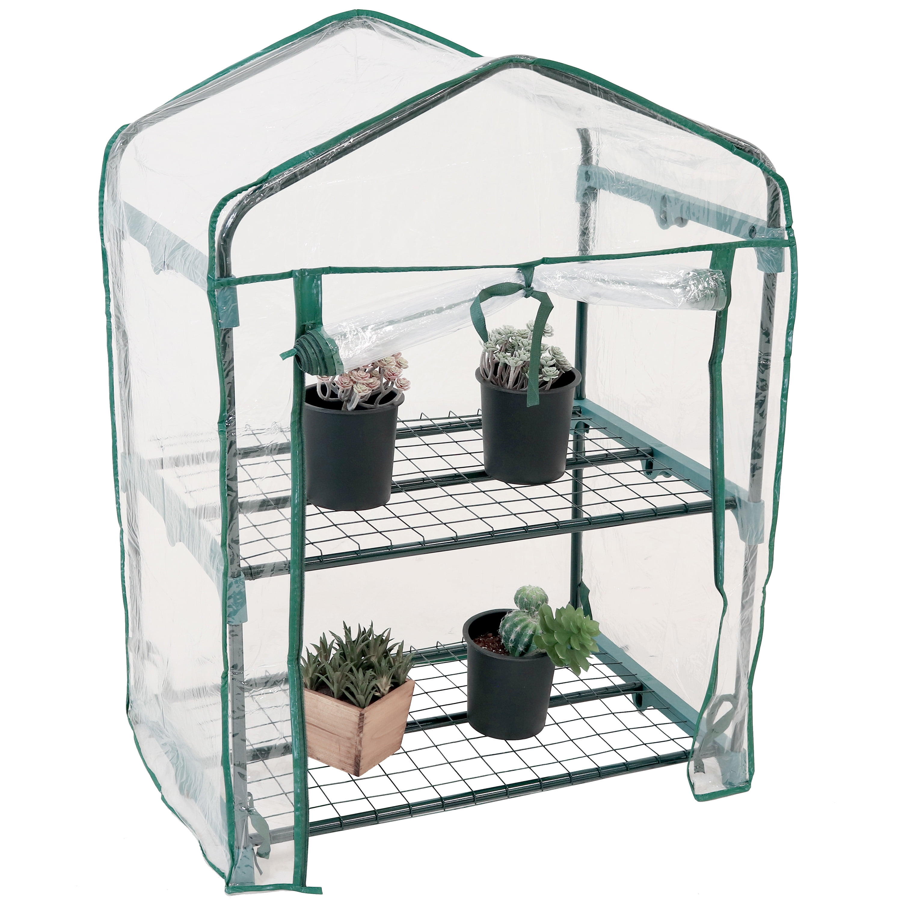 Sunnydaze Outdoor Portable Growing Rack 2-Tier Greenhouse with PVC Roll ...