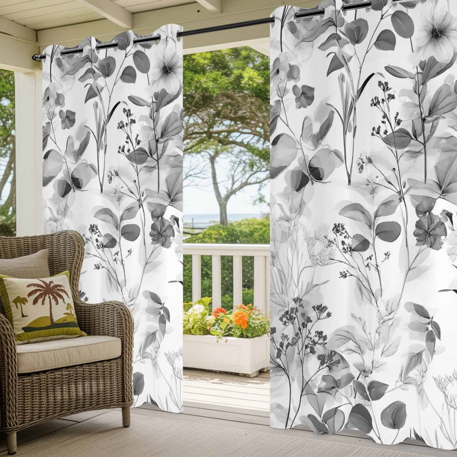 Outdoor Curtains for Patio Waterproof, Spring Flowers Windproof Pravicy Outside Porch Blackout Curtain, Vintage Country Eucalyptus Leaves Plants Sun Blocking Grommets Curtains 2 Panels 54"x95"
