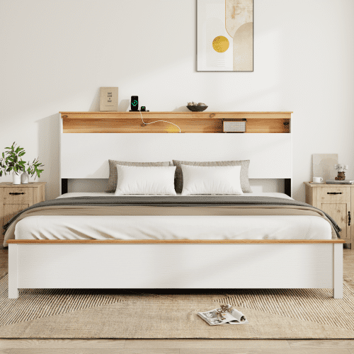 King Size Rustic Farmhouse Platform Bed Frame with Storage Headboard, LED Lights and Charging Station, No Box Spring Needed for Bedroom, Antique White