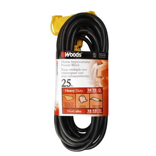 Woods 982470 14/3 25' Sjtw Black Power Block Extension Cord Walmart