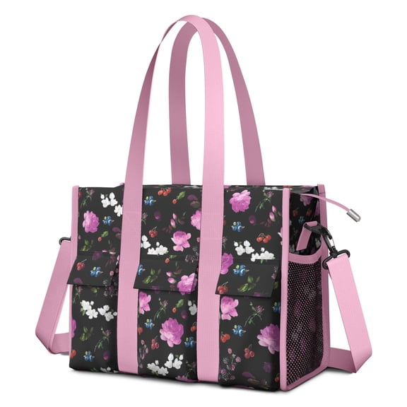 Teacher Tote Bag,Pioneer Flower Floral Print Pattern Teacher Utility Tote Bag,Large Work Tote Bags for Women with Multiple Pockets,Top Zipper Closure,13.8x10.6x6.7 Inch