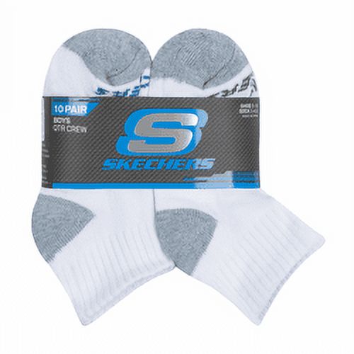 Skechers Kids Boys' 10 Pack 1/2 Terry Qtr Crew Socks, White/Blue, 5-6.5